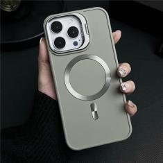 Imagem de Capa de telefone magnética com suporte de lente de metal para iPhone 11 12 13 14 15 Pro Max 15 14 Plus Capa de telefone com suporte de carga sem fio, cinza, para iPhone 15 ProMax