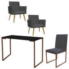 Imagem de Kit Escritório Stan 2 Poltronas com Cadeira e Mesa Industrial Tampo Preto Bronze Tecido Sintético Cinza - Ahz Móveis