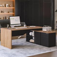 Imagem de Mesa para Escritório Diretor em L 3 Gavetas 1 Porta Spring Yescasa Preto/Itapuã
