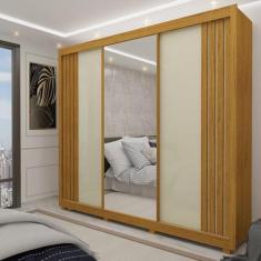 Imagem de Guarda-roupa Casal 3 Portas com Espelho com Pés Santorini Ripado Naturale/ripado Naturale-off White