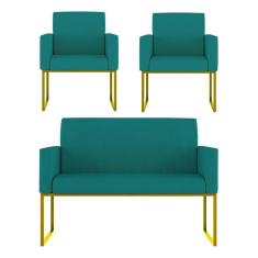 Imagem de Kit Sofá 2 Lugares + 2 Poltronas Recepção Sala Base Dourada Cor:azul Turquesa Azul Turquesa