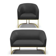 Imagem de Sofá Namoradeira E Poltrona Base Industrial Dourado Stella Corino D03 - D`rossi Cor Preto