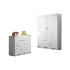 Imagem de Kit Quarto Infantil Bebê Helena Cômoda 4 Gavetas E Guarda Roupa 4 Portas 2 Gavetas Bco - Phoenix Baby
