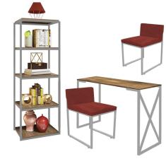 Imagem de Kit Escritório Bex 2 Cadeiras Suede Vermelho com 1 Mesa e 1 Livreiro Ferro Cinza MDF Castanho - Ahazzo Móveis