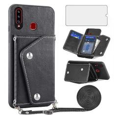 Imagem de Asuwish Capa de telefone para Samsung Galaxy A20s Capa carteira com protetor de tela de vidro temperado e suporte para cartão de crédito alça transversal acessórios de celular de couro A 20s Plus