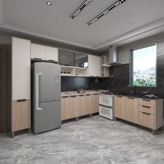 Imagem de Cozinha Completa 8Peças C Vidro Reflecta Tampos E Sem Pia Stylo Luciane Móveis Cinammon-beige-cumaru