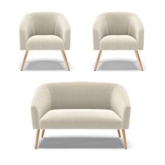 Imagem de Kit 1 Sofá Namoradeira E 2 Poltronas Stella Bouclê Pés Palito Natural D`rossi Cor Bege