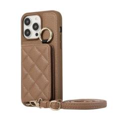Imagem de Capa carteira com alça de ombro para iPhone 15 Pro Max 14 13 12 11 Pro Max 15 Plus Anel de dedo Couro Slot para cartão Capa traseira com cordão, marrom, para iPhone 12