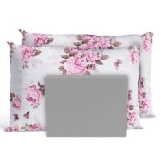 Imagem de Jogo De Lençol Cama Queen 3 Peças Percal Rosas Cinza - Casa Home