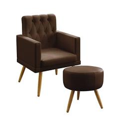 Imagem de Kit Poltrona Decorativa Estofada Sala De Estar Vega Rodapé E Capitonê e Puff Solar Couro Artificial Marrom Aradecor