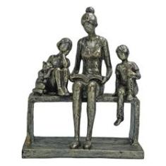 Imagem de Escultura Família Mãe Filho Filha C/ Gatinho Gato Decorativo