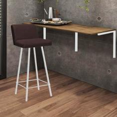 Imagem de Kit Mesa Suspensa de Parede Fixa MDF Castanho + 1 Banqueta Lexi Ferro Branco Sintético Marrom - Ahazzo Móveis