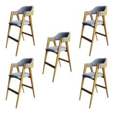 Imagem de Kit 5 Banquetas Laura Madeira Maciça de Eucalipto Verniz Linho Cinza/Marrom