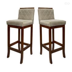 Imagem de Kit 2 Banquetas Alta para Ilha de Cozinha Nice Madeira Castanho Matelassê Suede Bege CCS