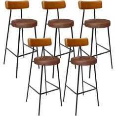 Imagem de Kit 05 Banquetas Alta Bar Cozinha Sala De Jantar Milão L02 Couríssimo Whisky Marrom - Lyam Decor