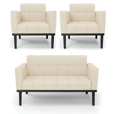Imagem de Sofá Namoradeira E 2 Poltronas Base De Madeira Preto Elisa Linho Bege A19 D03 - D'rossi