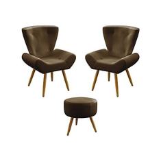 Imagem de Kit 2 Poltronas Decorativas Estofada Polaris e Puff Solar Sued Marrom Aradecor