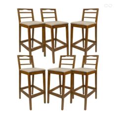 Imagem de Kit 6 Banquetas Alta de Madeira para Bancada Grécia Amêndoa Linho Bege CCS