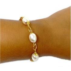 Imagem de Pulseira Pérola Com Elo Português Folheado a Ouro 18k