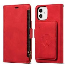 Imagem de Capa carteira de couro para iPhone 11 12 13 14 Pro Mini XR XS Max X 8 7 6s 6 Plus SE 2020 2022 SE3 Capa de livro com zíper, vermelha, para iPhone 14 Plus