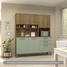 Imagem de Cozinha Compacta 7 Portas E 2 Gavetas Com Tampo Luciane Móveis Carvalho Avelã Verde Mar