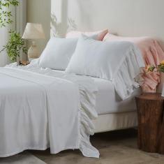 Imagem de Simple&Opulence Jogo de cama 100% algodão orgânico elegante e chique (1 lençol de cima, 1 lençol com elástico e 2 fronhas com babados) com acabamento feminino encantador de babados longos - branco,