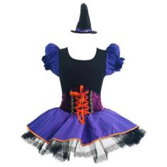 Imagem de Fantasia Bruxinha Infantil de Luxo Com Corselet e Chapéu de Halloween 