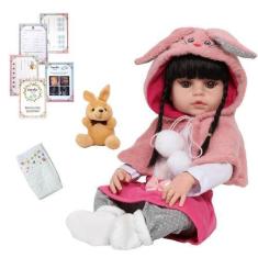 Imagem de Bebê Tipo Reborn Morena Cabelo Longo Coelhinho Pelúcia - Cegonha Rebor