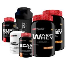 Imagem de Kit 2x Whey Waxy Whey 900g + BCAA 100g + Creatina 100g + Cafeína 60 cáps + Shaker - Bodybuilders-Unissex