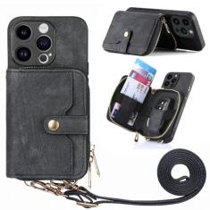 Imagem de Carteira crossbody com porta-cartão capa de telefone para iPhone 13 12 Mini 14 11 Pro Max X XS XR 7 8 Plus Capa de couro PU à prova de choque, preta, para iPhone 12 Mini