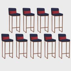 Imagem de Kit 09 Banqueta Alta com Encosto Lucca Industrial Cozinha Balcão Ferro Bronze Suede Azul Marinho e Almofada Vermelho - Ahz Móveis
