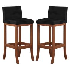 Imagem de Kit 2 Banquetas Média Encosto Estofado 38x90Cm Espanha Madeira Maciça Castanho Suede Preto CCS