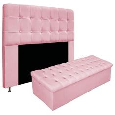 Imagem de Kit Cabeceira e Calçadeira Baú Estofada Mel 195 cm King Size Com Botonê Suede  Bebê - Doce Sonho Móveis