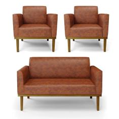 Imagem de Sofá Namoradeira com 2 Poltronas Base de Madeira Fixa Castanho Marisa Corano - D`Rossi