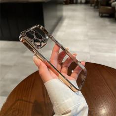 Imagem de Capa de telefone de silicone transparente revestida para iPhone 15 14 13 12 11 Pro X XR XS Max 7 8 Plus Mini capa de proteção de lente capa traseira, dourada, para iPhone 11