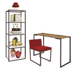 Imagem de Kit Escritório Ravi 1 Cadeira Suede Vermelho com 1 Mesa e 1 Livreiro Ferro Marrom MDF Castanho - Ahazzo Móveis