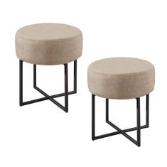 Imagem de Conjunto - 2 Puffs Banqueta Otávio Base Metálica Preta Luxo Linho Bege