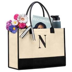 Imagem de Salt Earth Bolsa feminina 100% algodão personalizada para uso diário, bolsa utilitária grande com monograma para praia, viagem, mercearia, melhor presente para aniversário, aposentadoria, dama de