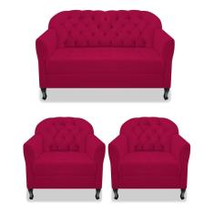 Imagem de Kit Namoradeira Recamier Sofá mais 02 Poltrona Julia Pés Luís Xv Com Botonê Quarto Sala de Estar Recepção Suede Pink - AM Decor