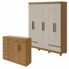 Imagem de Conjunto de Guarda-Roupa 6 Portas 4 Gavetas Zeus com Pés e Cômoda 8 Gavetas 2 Portas Toronto Amêndoa Clean/Off White
