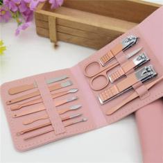 Imagem de Cortador de unhas terno cortador de unhas tesoura dobrável saco beleza manicure ferramenta de arquivo de unhas, 12 peças rosa