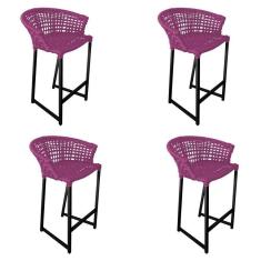 Imagem de Kit 4 Banquetas Reis Em Corda Náutica E Base Em Alumínio Preta Para área Gourmet Externa Rosa Rosa