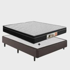 Imagem de Cama Box casal Marrom sintético + Colchão Molas Bonnel 1,38 x 1,88 x 48 cm