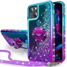 Imagem de Silverback Capa para iPhone 15, capa protetora com glitter holográfico líquido em movimento com suporte, capa protetora de anel de diamante brilhante para meninas e mulheres para iPhone 15 de 6,1