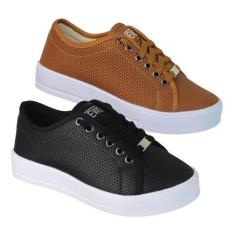 Imagem de Kit 2 Pares Tênis Feminino Casual Sola Alta Confortável Sapato Flatfor