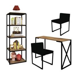 Imagem de Kit Escritório Bex 2 Cadeiras Corino Preto com 1 Mesa e 1 Livreiro Ferro Preto MDF Freijó - Ahazzo Móveis