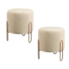 Imagem de Conjunto - 2 Puffs Banqueta Mali Luxo Base Metálica Bronze Linho Bege Claro