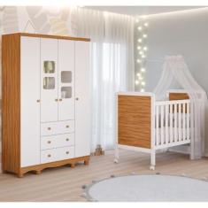 Imagem de Quarto de Bebê Completo Berço Americano Mini Cama Cloe 2 Em 1 Guarda Roupa Uli 4 Portas 3 Gavetas Móveis Peroba