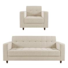 Imagem de Kit 01 Sofá 03 Lugares E 01 Poltrona Arezzo Linho Bege A19 Pés Chanfrado Tabaco - D`rossi