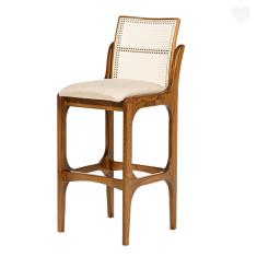 Imagem de Banqueta Alta para Cozinha Lisboa Encosto Rattan Madeira Imbuia Linho Bege M58 RMI